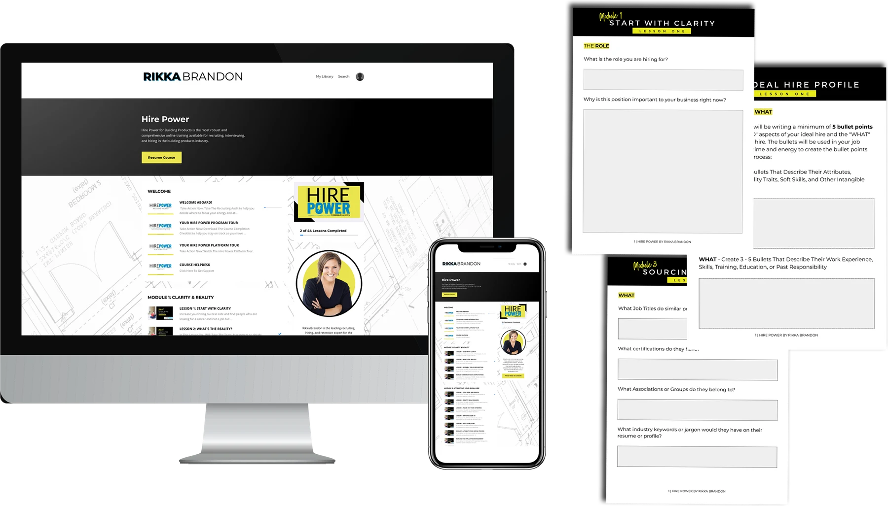 Hire Power shown on desktop and phone with printable worksheets
