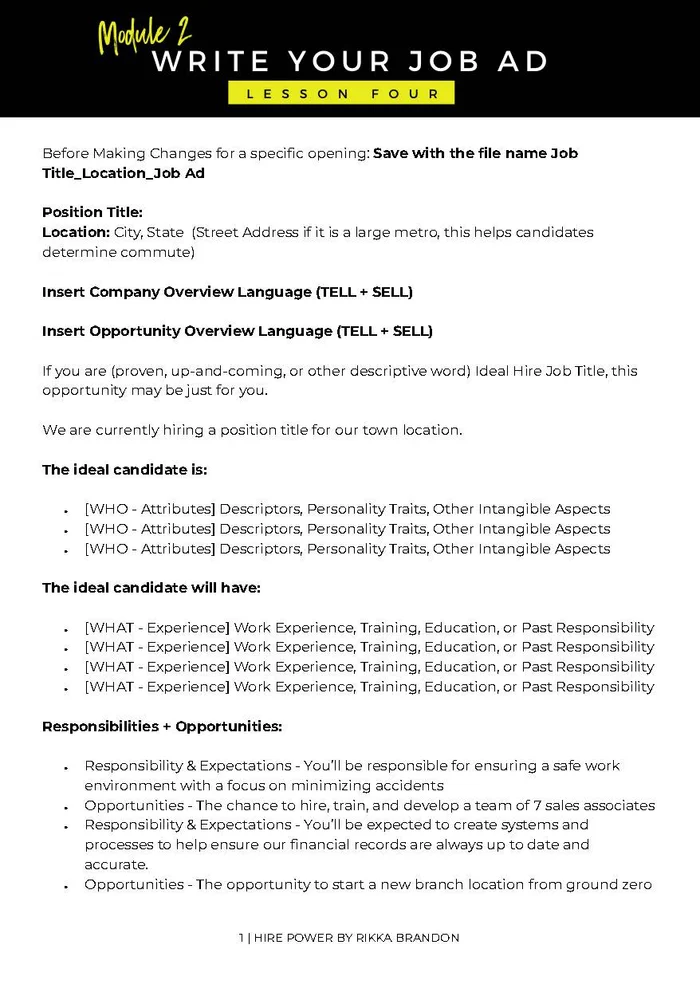 The Job Ad Template from Module 2